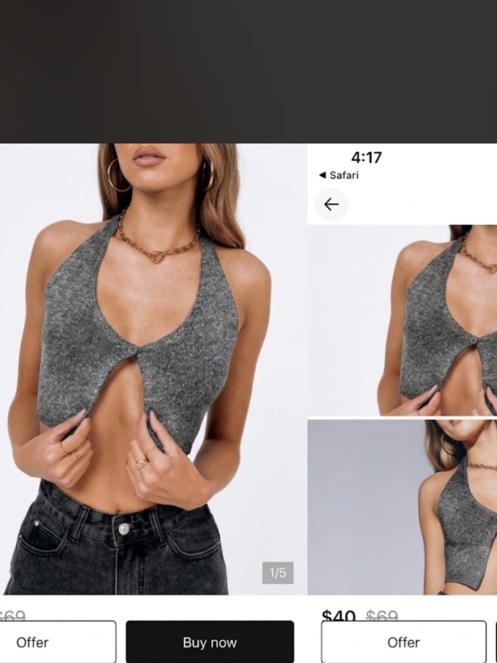 Princess Polly Waterbell Gray Halter Front-Slit Crop Camisole